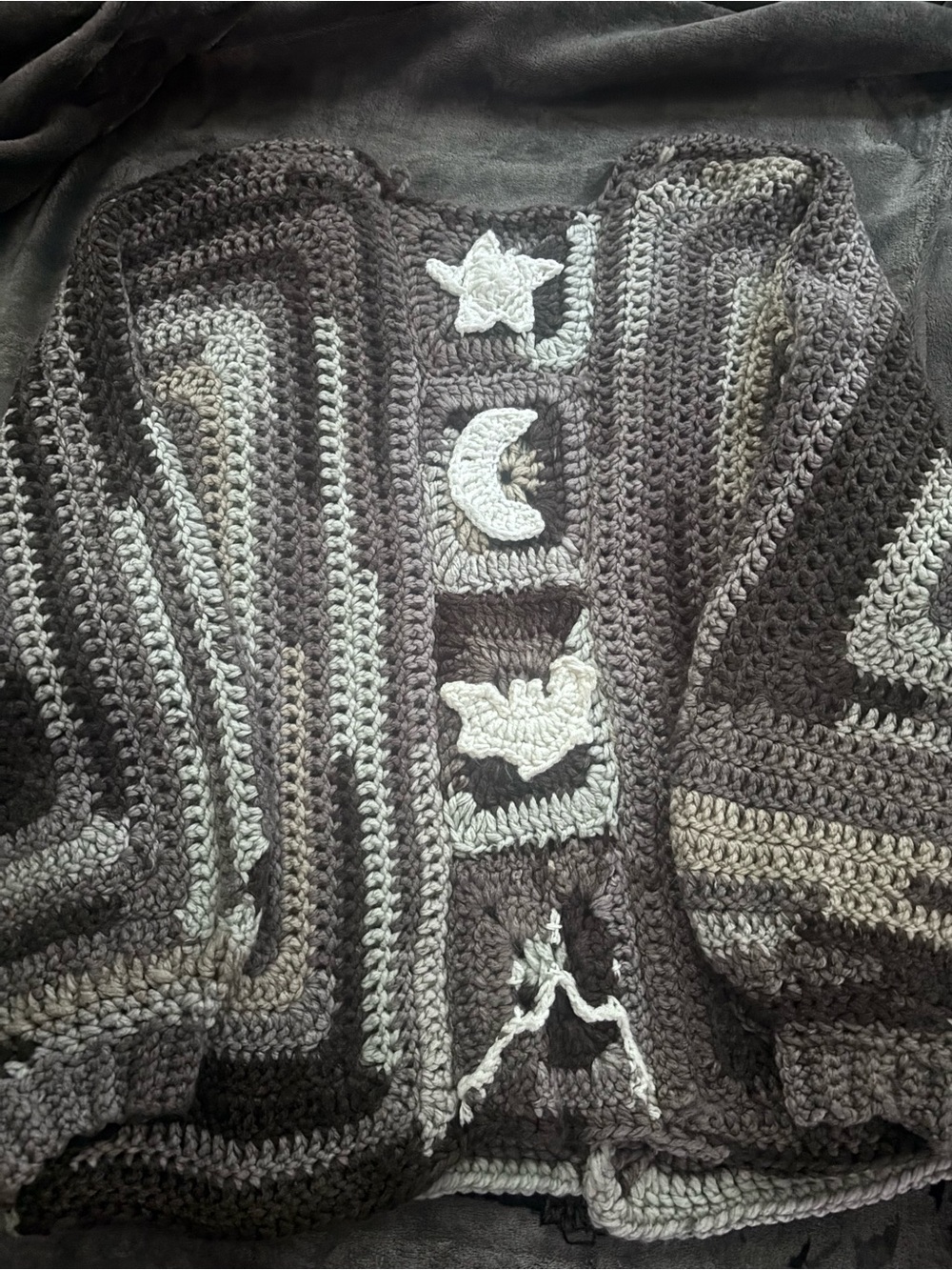 ACOTAR inspired Handmade Gray Crochet Women’s Sweater with Moon & Star Appliqués